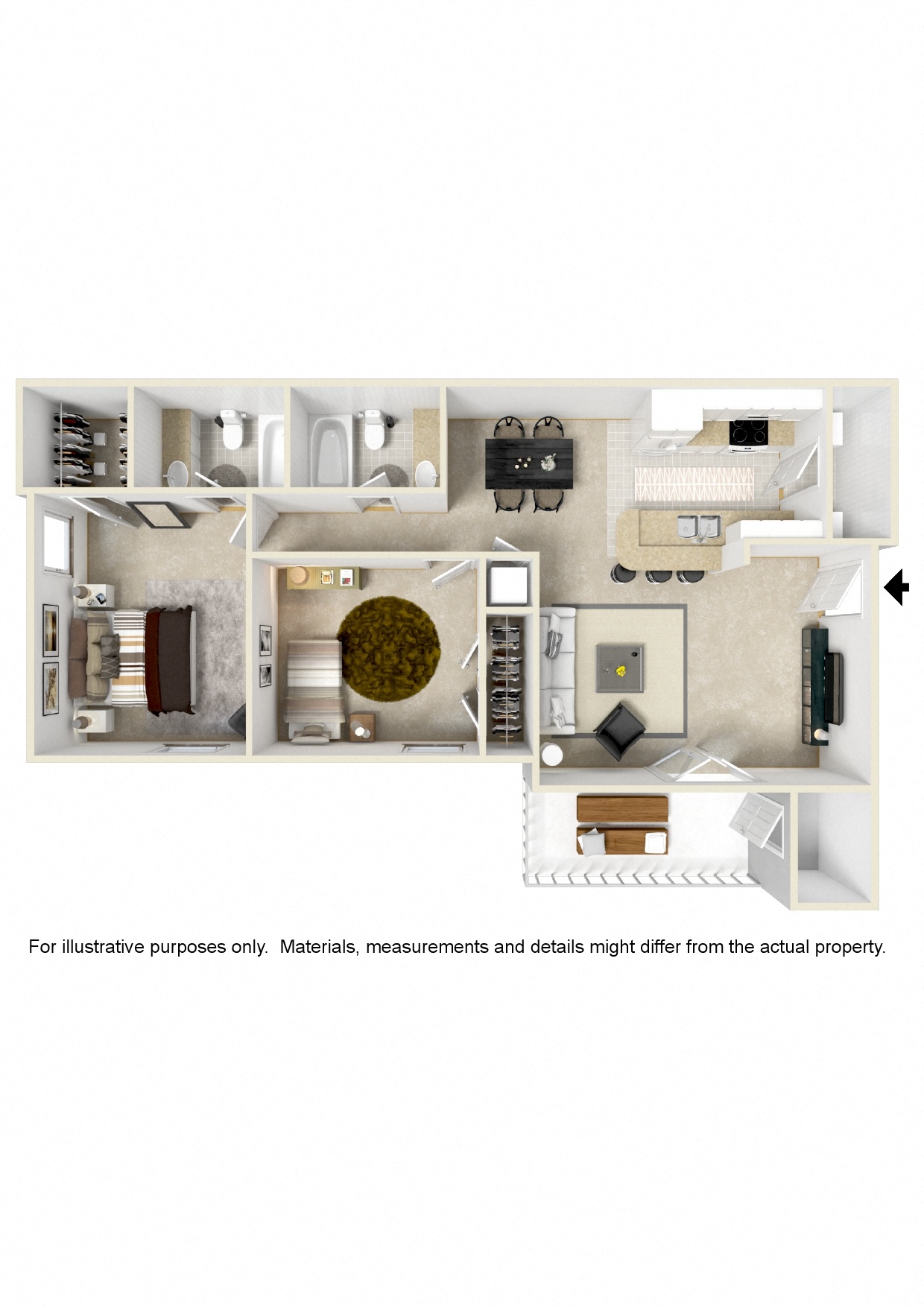 Floor plan for 2 beds, 2 baths, 1107 sqft